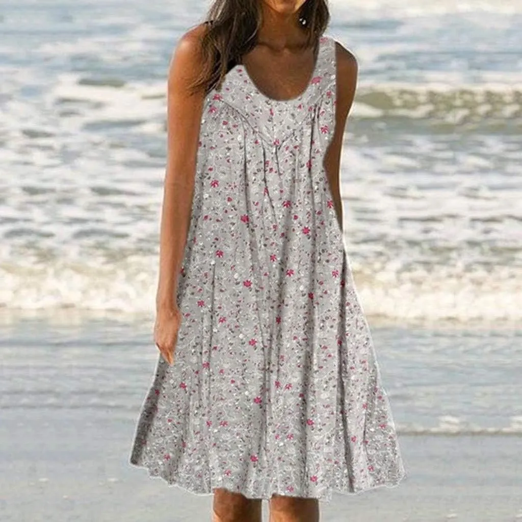 HHmei Women's Summer Dresses 2024 Beach Casual Sleeveless Floral Print Boho Tank Dress V Neck Loose Sundress with Pocket