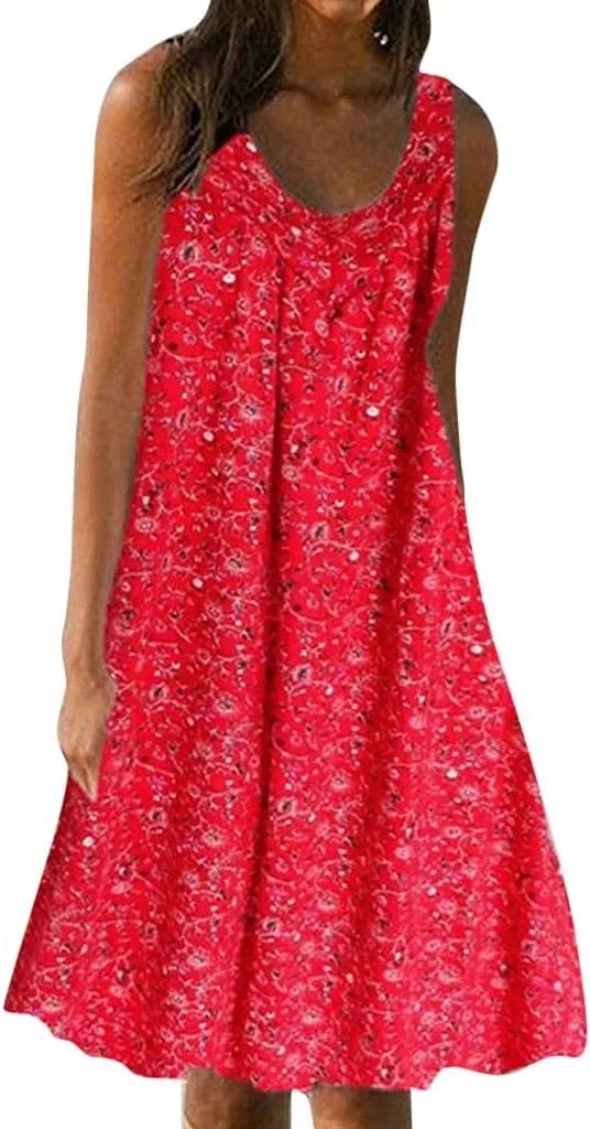 HHmei Women's Summer Dresses 2024 Beach Casual Sleeveless Floral Print Boho Tank Dress V Neck Loose Sundress with Pocket