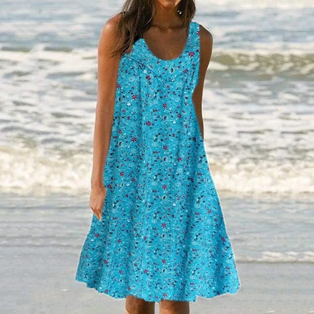 HHmei Women's Summer Dresses 2024 Beach Casual Sleeveless Floral Print Boho Tank Dress V Neck Loose Sundress with Pocket
