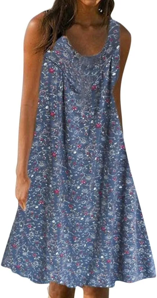 HHmei Women's Summer Dresses 2024 Beach Casual Sleeveless Floral Print Boho Tank Dress V Neck Loose Sundress with Pocket