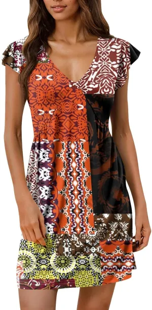 House Dresses for Women Floral Deep V Neck Flowy Western Mini Dress House Ruffle Cap Sleeve Casual Beach Sundresses