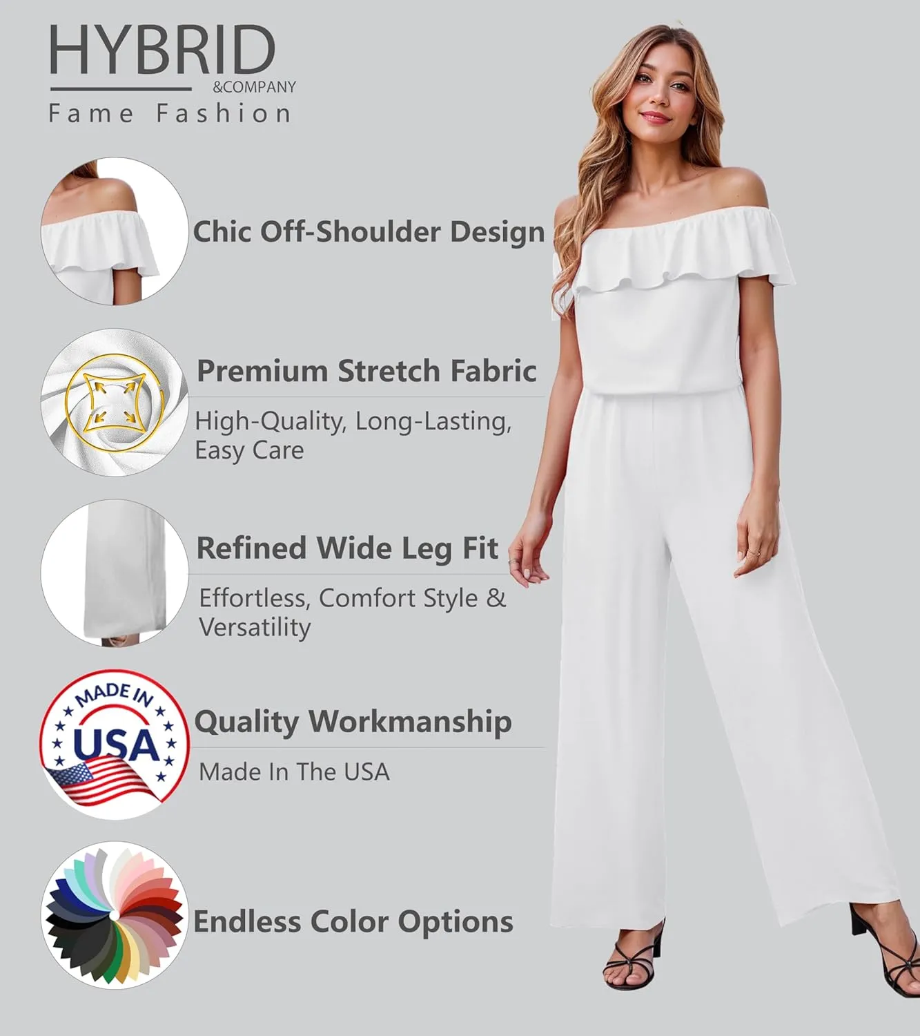 Hybrid & Company Women Casual Off Shoulder High Waist Pants Romper Wide Leg Jumpsuit