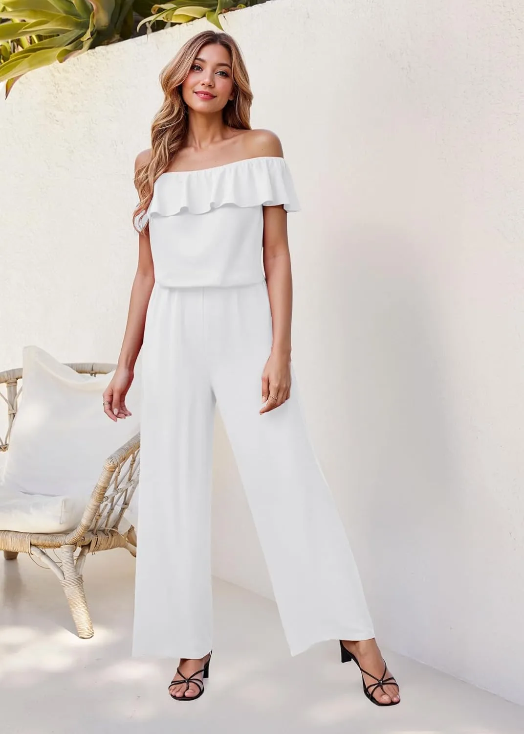 Hybrid & Company Women Casual Off Shoulder High Waist Pants Romper Wide Leg Jumpsuit