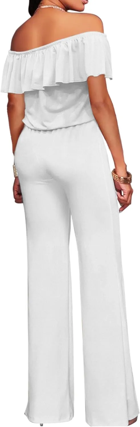 Hybrid & Company Women Casual Off Shoulder High Waist Pants Romper Wide Leg Jumpsuit