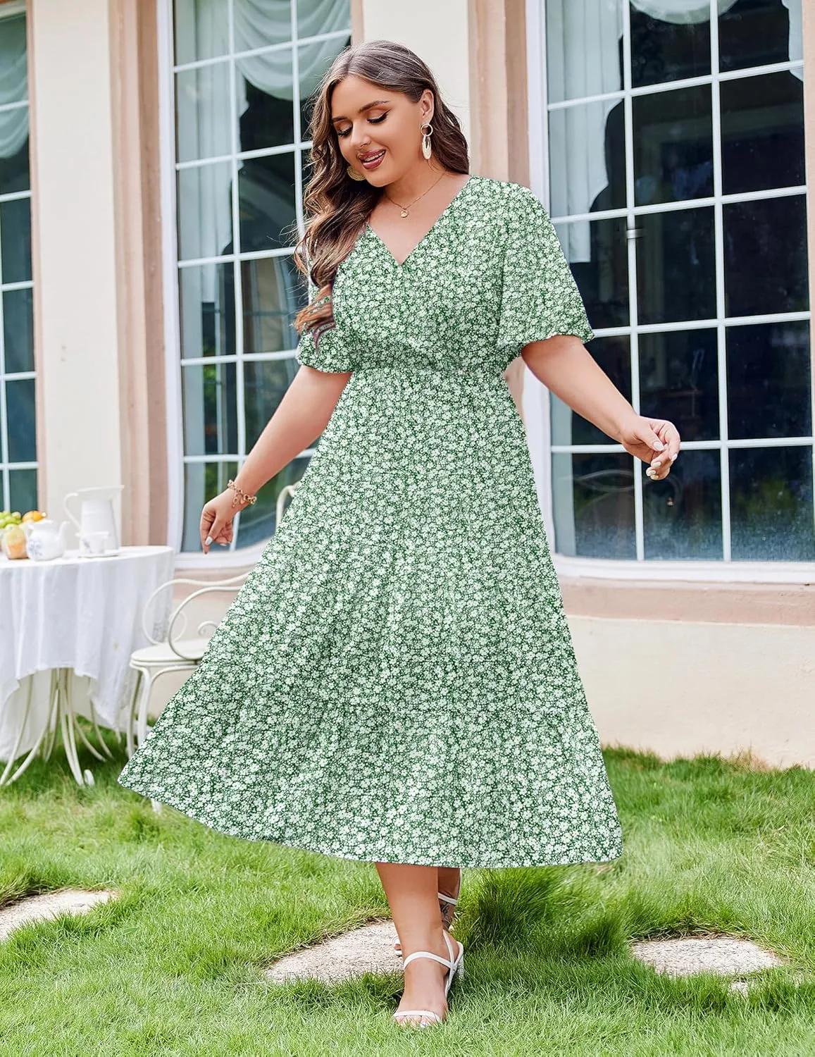 IN'VOLAND Plus Size Short Sleeve Dress for Women Summer Casual V Neck Floral Maxi Dresses with Pockets