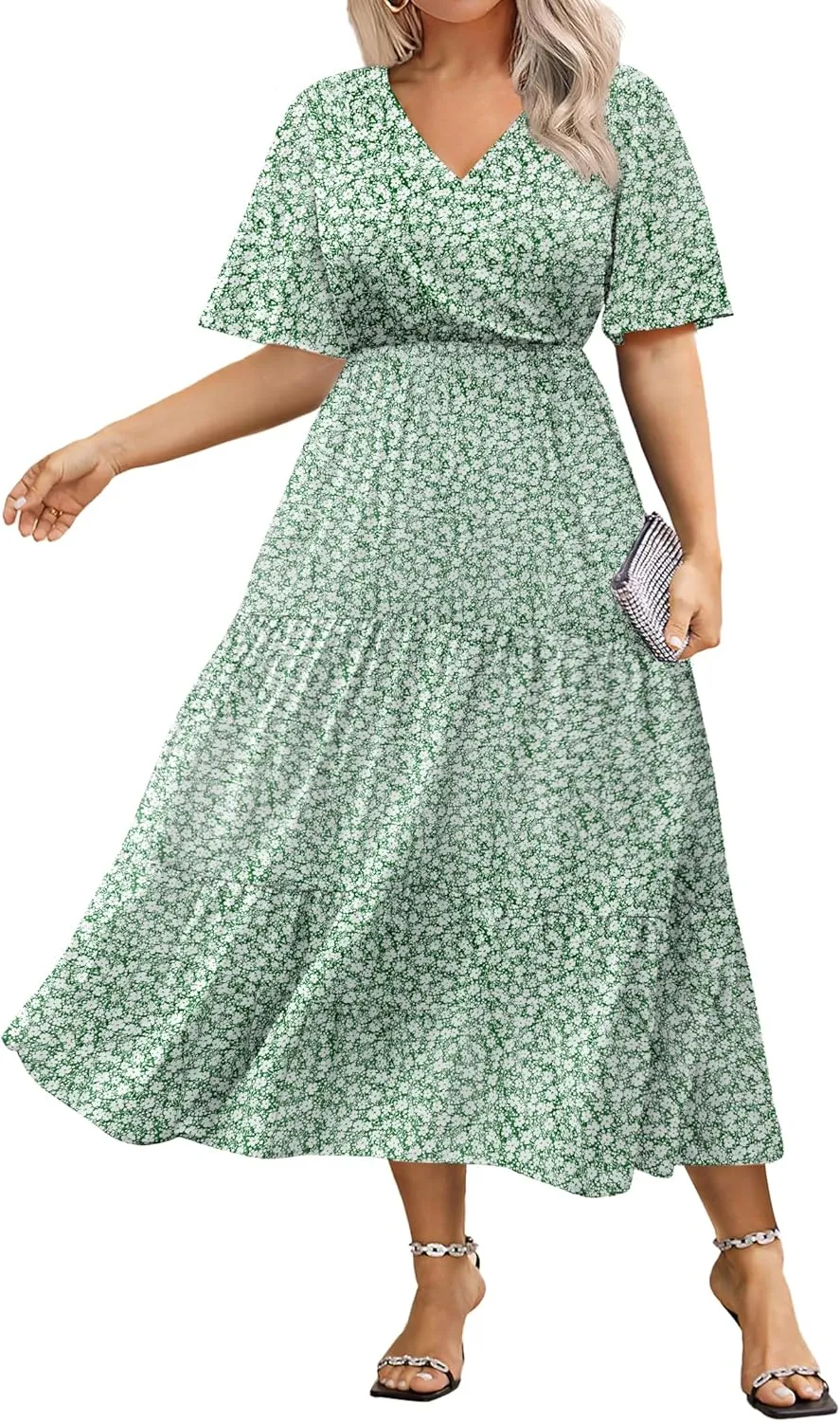 IN'VOLAND Plus Size Short Sleeve Dress for Women Summer Casual V Neck Floral Maxi Dresses with Pockets