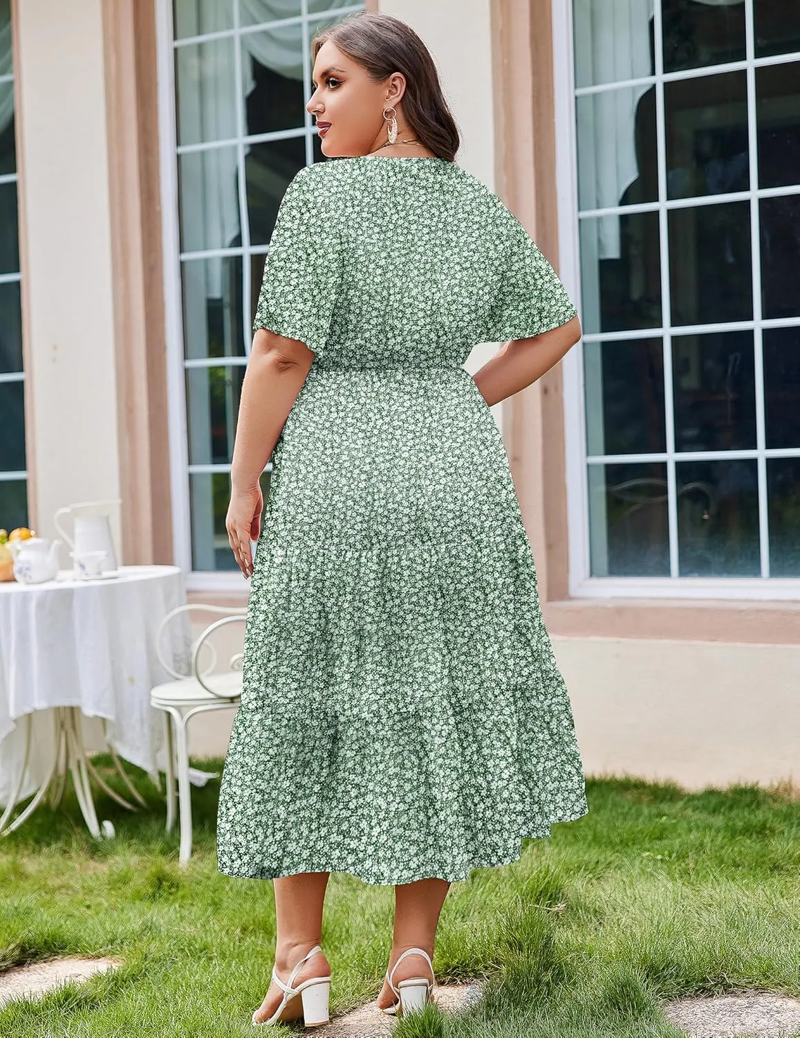 IN'VOLAND Plus Size Short Sleeve Dress for Women Summer Casual V Neck Floral Maxi Dresses with Pockets