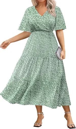 IN'VOLAND Plus Size Short Sleeve Dress for Women Summer Casual V Neck Floral Maxi Dresses with Pockets