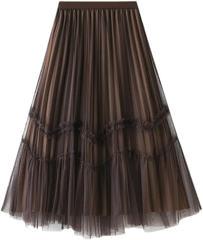 Jegsnoe Women Velvet Tulle Pleated Skirt Autumn Winter Fashion Warm Party Midi Skirts