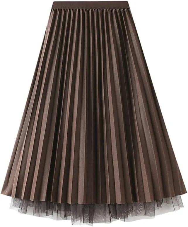 Jegsnoe Women Velvet Tulle Pleated Skirt Autumn Winter Fashion Warm Party Midi Skirts