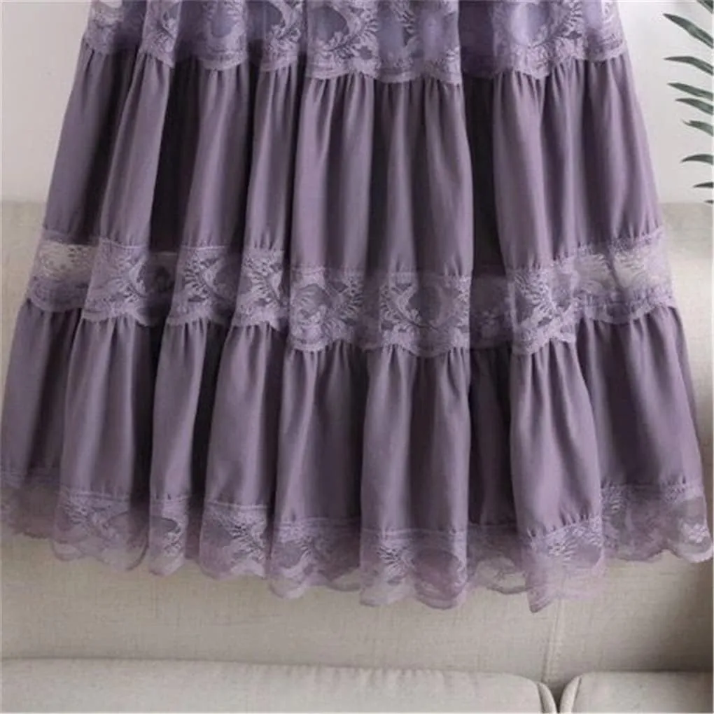 Jegsnoe Women's Chiffon Lace Stitching A-Line Pleated Skirt High Waist Elegant Party Midi Skirts