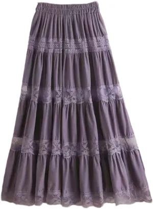 Jegsnoe Women's Chiffon Lace Stitching A-Line Pleated Skirt High Waist Elegant Party Midi Skirts