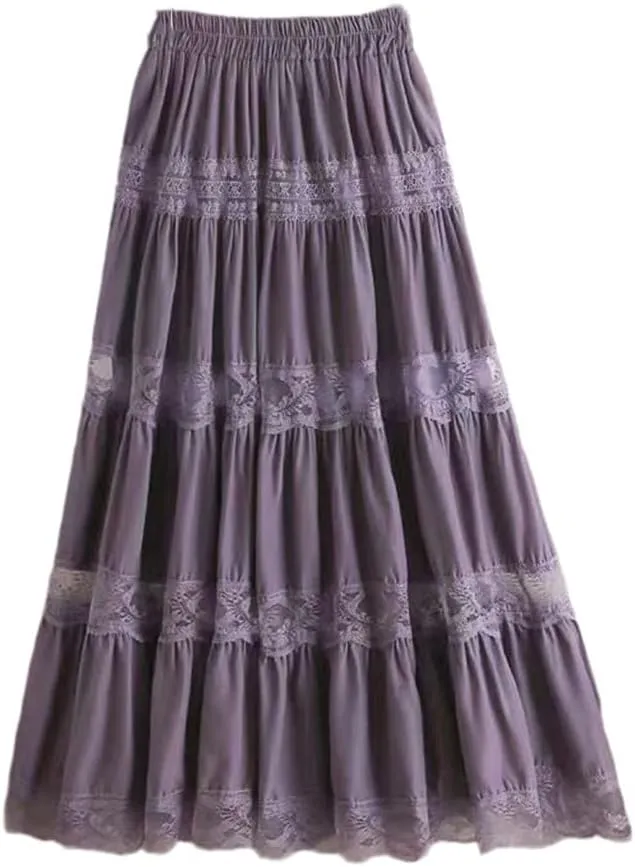 Jegsnoe Women's Chiffon Lace Stitching A-Line Pleated Skirt High Waist Elegant Party Midi Skirts