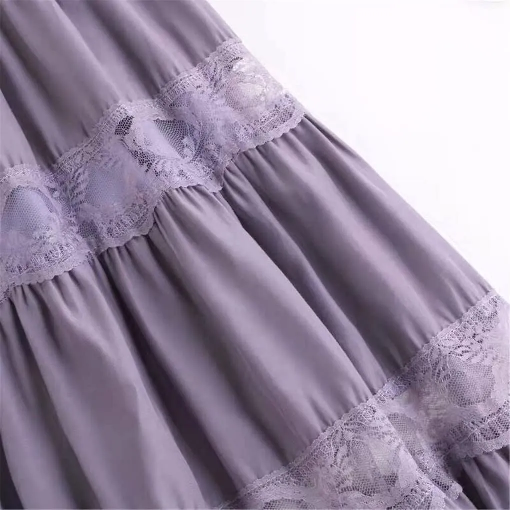 Jegsnoe Women's Chiffon Lace Stitching A-Line Pleated Skirt High Waist Elegant Party Midi Skirts