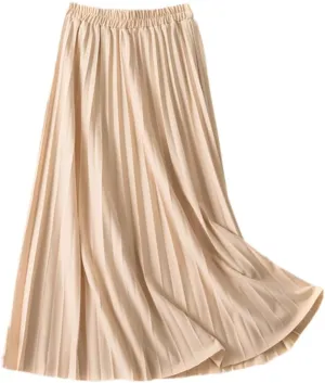 Jegsnoe Women's Pleated Midi Skirt Elastic High Waist Casual Long Preppy Maxi Skirt
