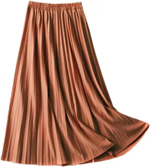 Jegsnoe Women's Pleated Midi Skirt Elastic High Waist Casual Long Preppy Maxi Skirt