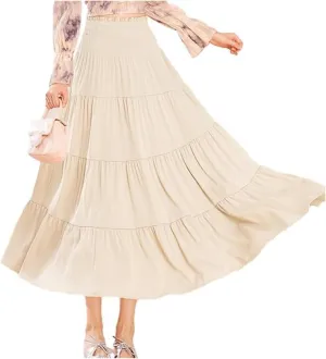 JITEM Women's Summer Trendy Boho Swing Satin Midi Skirt Elastic High Waist A Line Flowy Pleated Ruffle Maxi Skirt, Beige