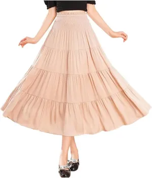JITEM Women's Summer Trendy Boho Swing Satin Midi Skirt Elastic High Waist A Line Flowy Pleated Ruffle Maxi Skirt