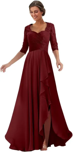 Lace Appliques Mother of The Bride Dresses for Wedding 1/2 Sleeves Chiffon Long Formal Dress Evening Gown