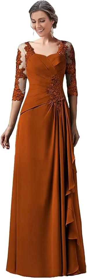 Lace Appliques Mother of The Bride Dresses for Wedding 3/4 Sleeves Chiffon Long Formal Dress Evening Gown