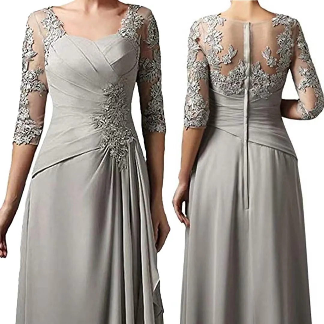 Lace Appliques Mother of The Bride Dresses for Wedding 3/4 Sleeves Chiffon Long Formal Dress Evening Gown