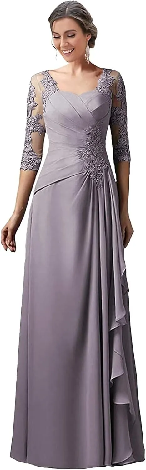 Lace Appliques Mother of The Bride Dresses for Wedding 3/4 Sleeves Chiffon Long Formal Dress Evening Gown