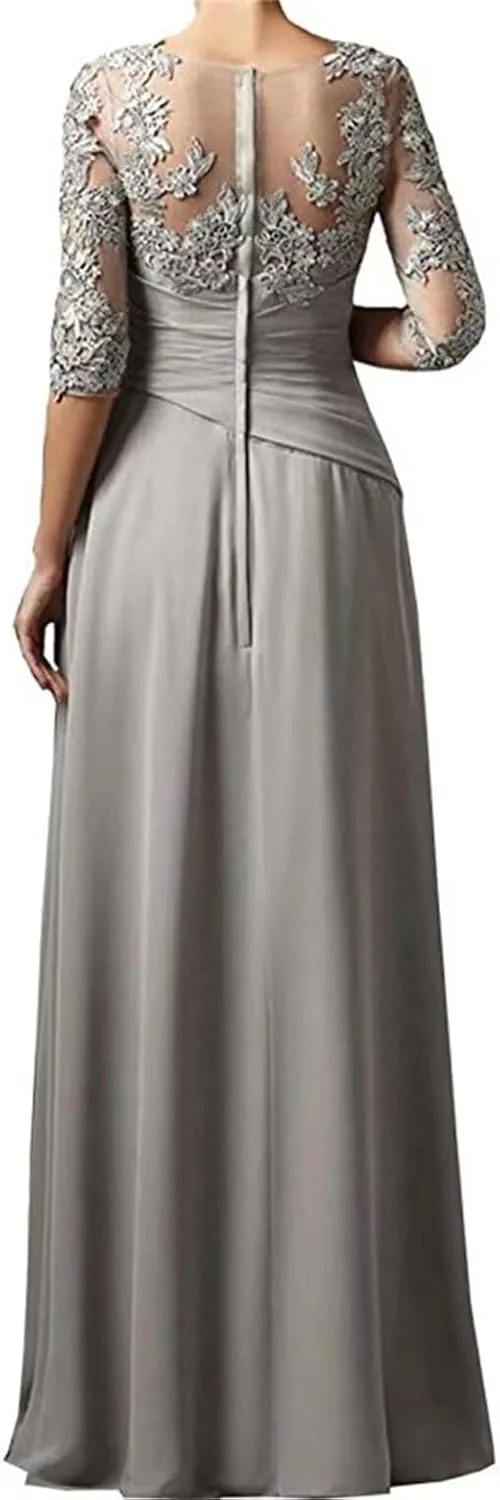 Lace Appliques Mother of The Bride Dresses for Wedding 3/4 Sleeves Chiffon Long Formal Dress Evening Gown