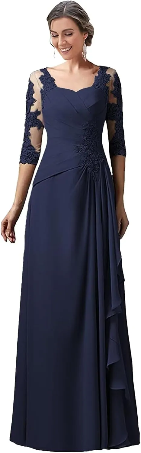 Lace Appliques Mother of The Bride Dresses for Wedding 3/4 Sleeves Chiffon Long Formal Dress Evening Gown