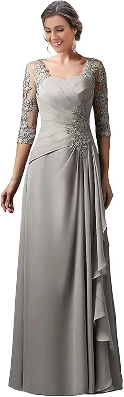 Lace Appliques Mother of The Bride Dresses for Wedding 3/4 Sleeves Chiffon Long Formal Dress Evening Gown