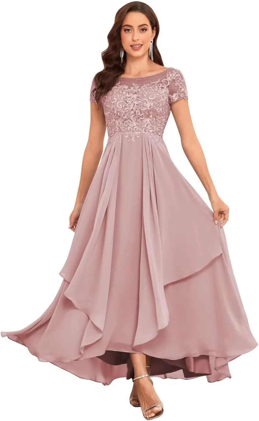 Lace Appliques Mother of The Bride Dresses for Wedding Short Sleeve Chiffon Ruffle Formal Evening Gown