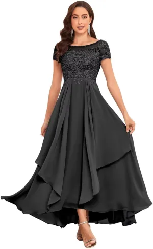Lace Appliques Mother of The Bride Dresses for Wedding Short Sleeve Chiffon Ruffle Formal Evening Gown
