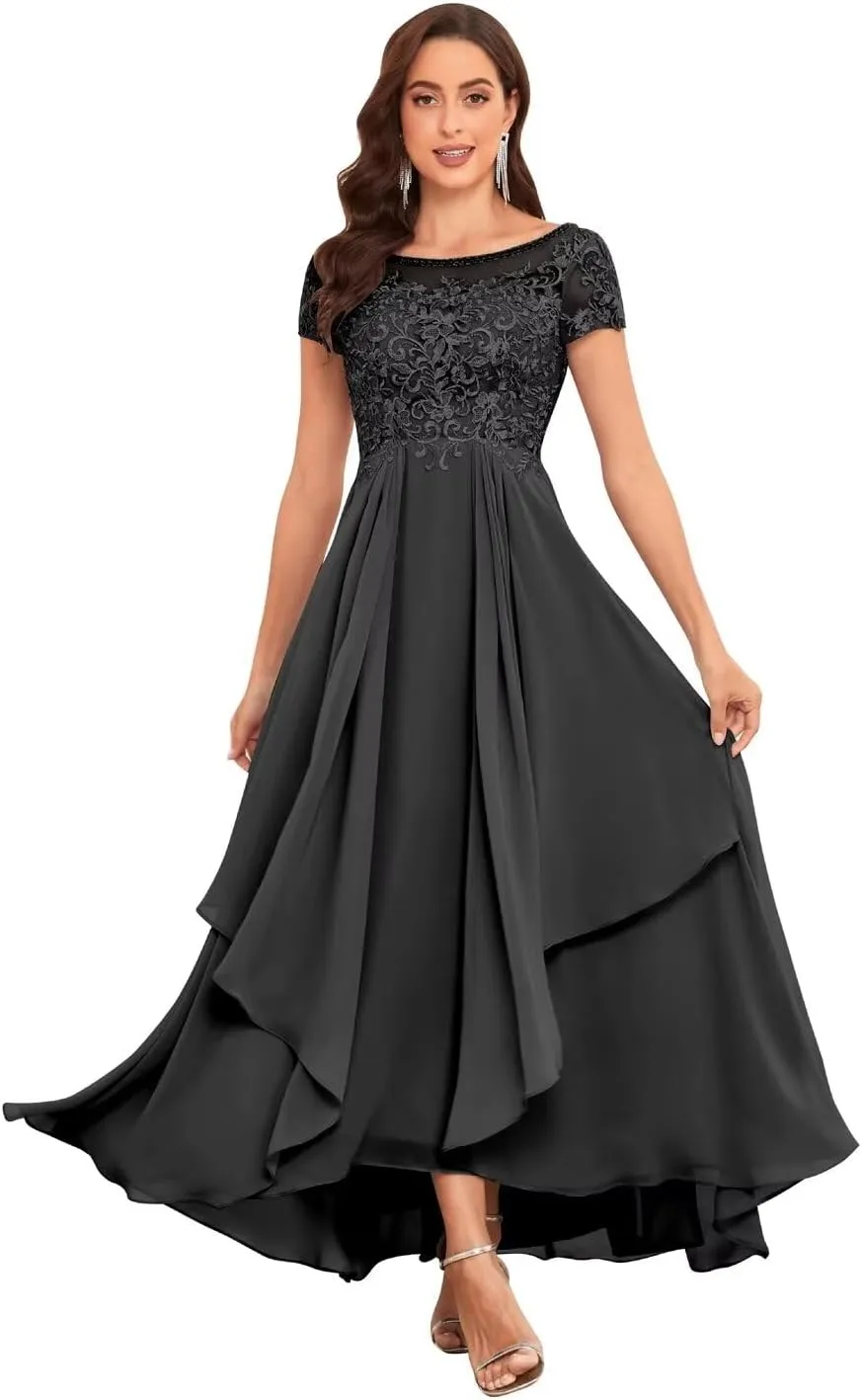 Lace Appliques Mother of The Bride Dresses for Wedding Short Sleeve Chiffon Ruffle Formal Evening Gown