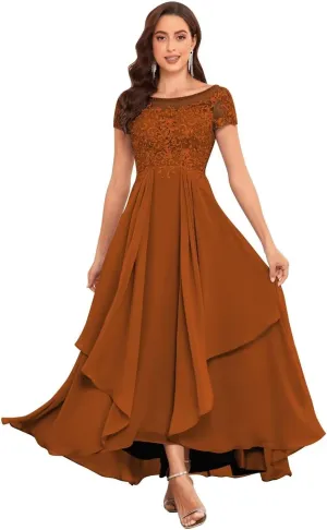 Lace Appliques Mother of The Bride Dresses for Wedding Short Sleeve Chiffon Ruffle Formal Evening Gown