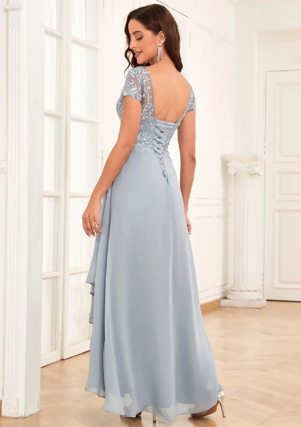 Lace Appliques Mother of The Bride Dresses for Wedding Short Sleeve Chiffon Ruffle Formal Evening Gown