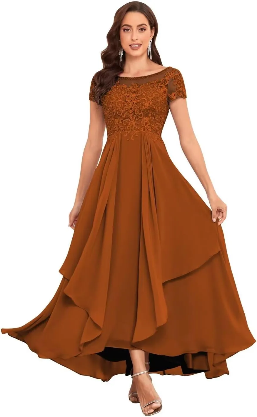Lace Appliques Mother of The Bride Dresses for Wedding Short Sleeve Chiffon Ruffle Formal Evening Gown