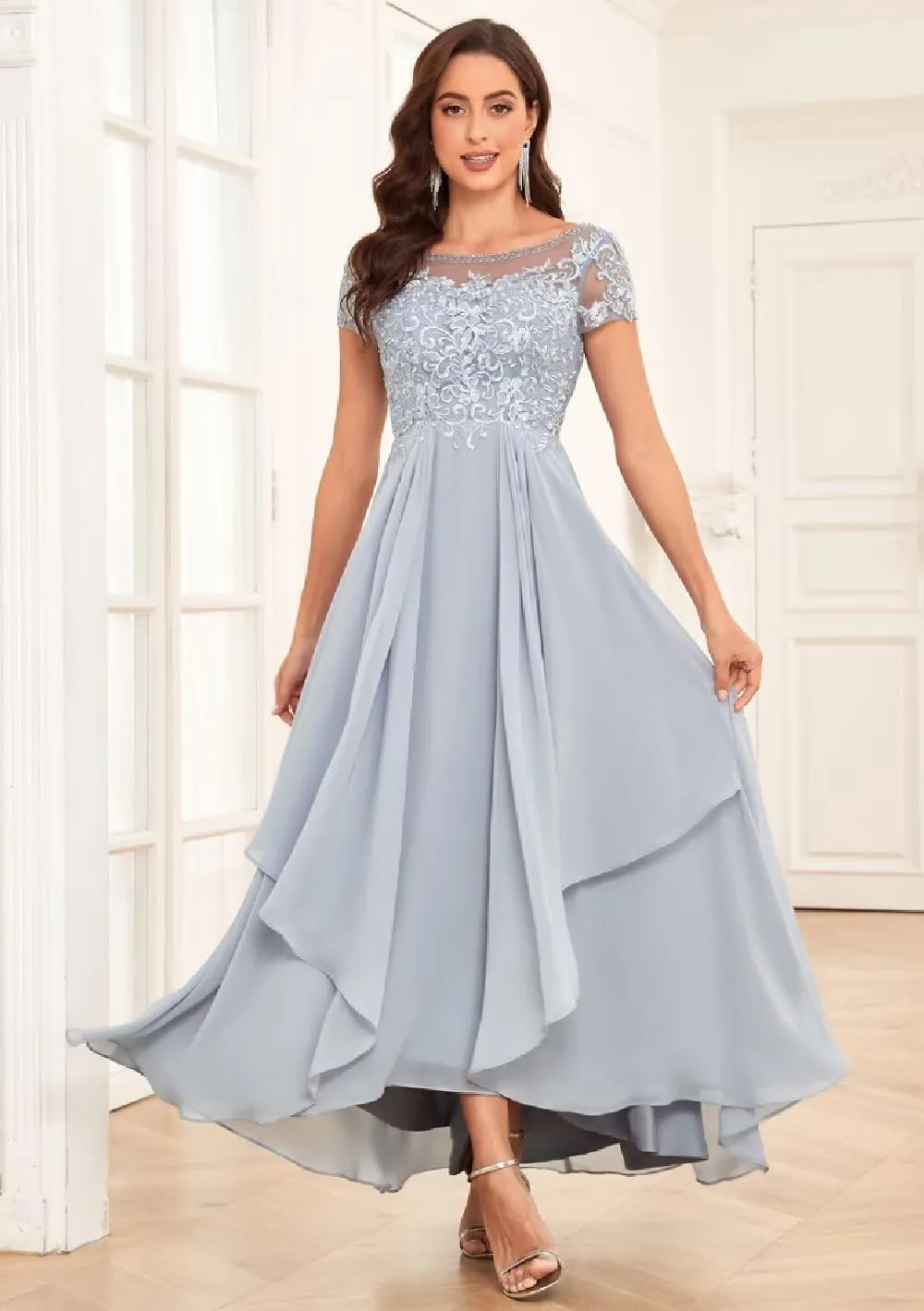 Lace Appliques Mother of The Bride Dresses for Wedding Short Sleeve Chiffon Ruffle Formal Evening Gown