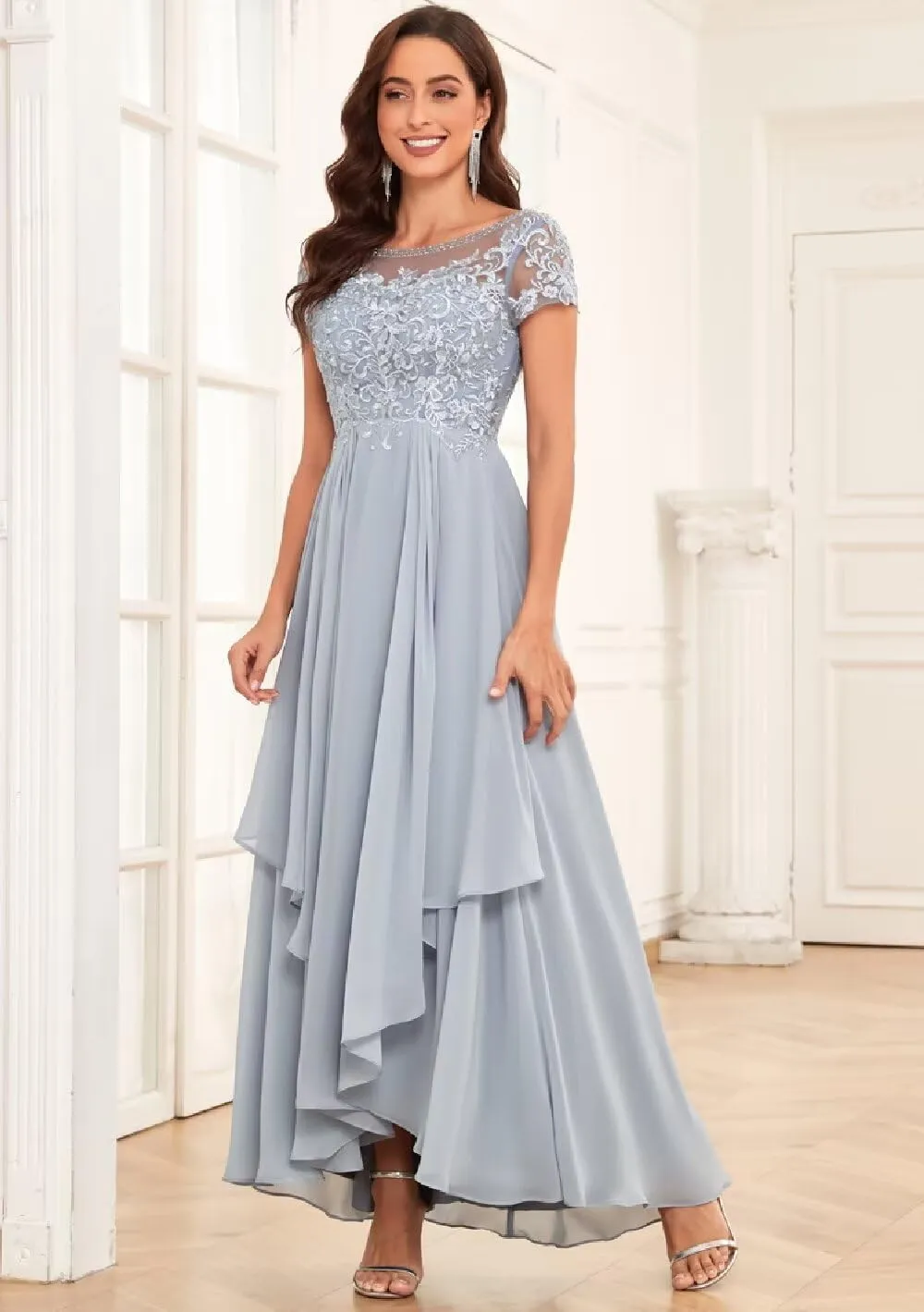Lace Appliques Mother of The Bride Dresses for Wedding Short Sleeve Chiffon Ruffle Formal Evening Gown