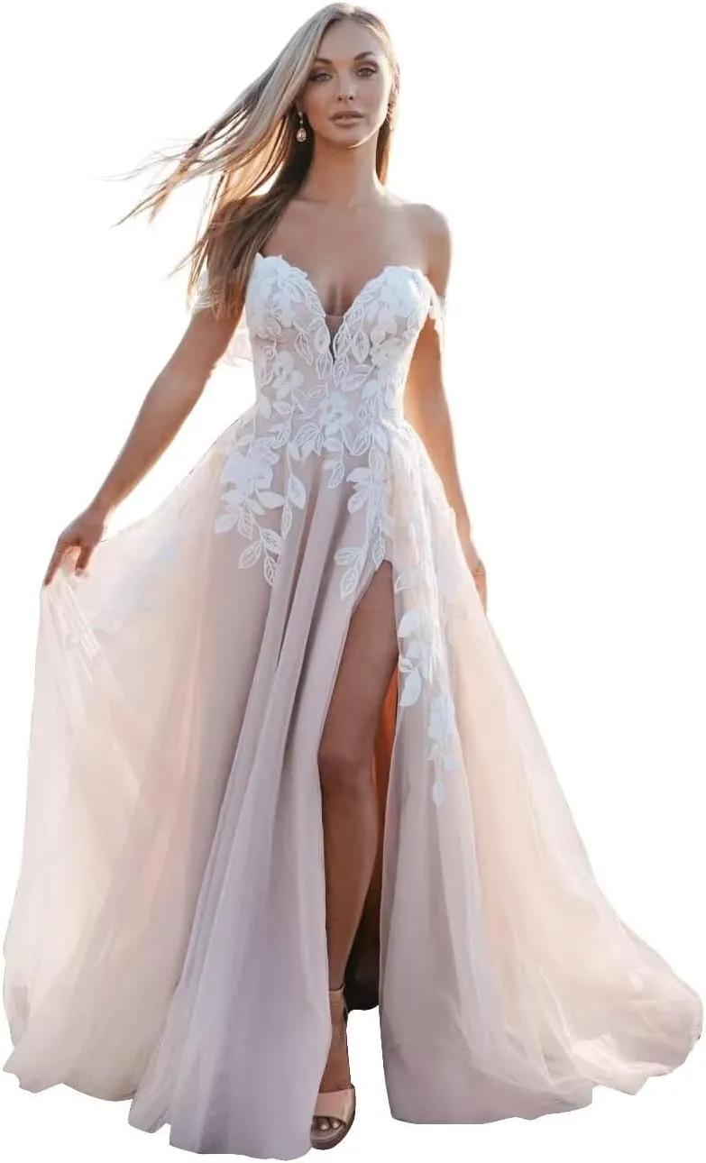 Lace Appliques V Neck Long Boho Bride Dress with Train Beach Mermaid Wedding Dresses for Bride 2025