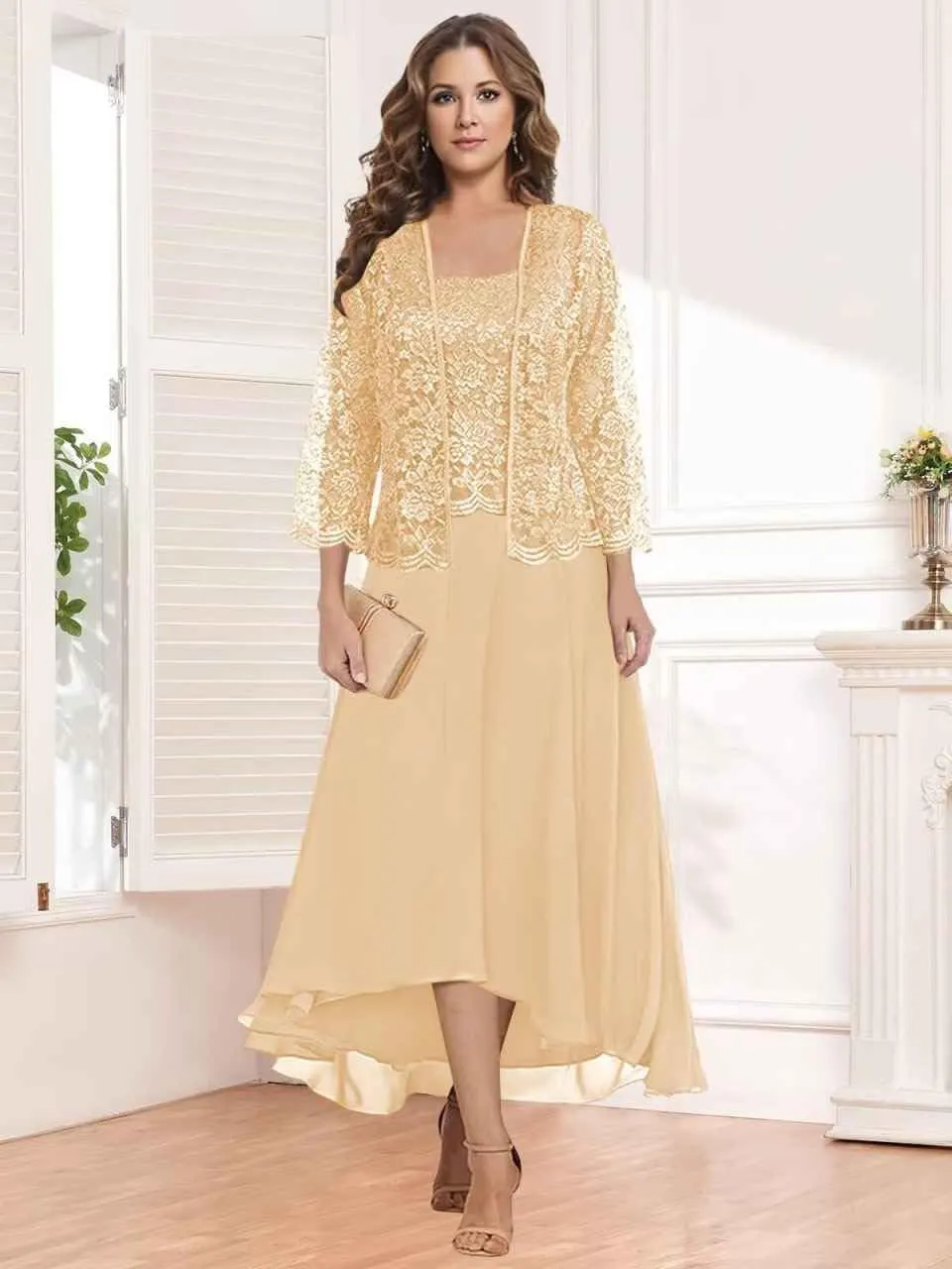 Lace Mother of The Bride Dresses with Jacket 2 Pieces Chiffon Long Evening Formal Wedding Guest Dress