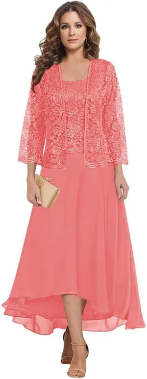 Lace Mother of The Bride Dresses with Jacket 2 Pieces Chiffon Long Evening Formal Wedding Guest Dress