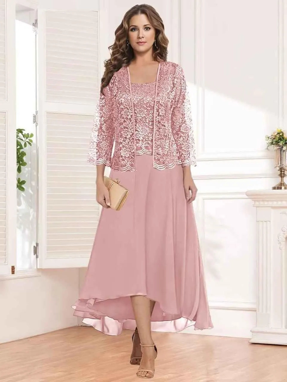 Lace Mother of The Bride Dresses with Jacket 2 Pieces Chiffon Long Evening Formal Wedding Guest Dress