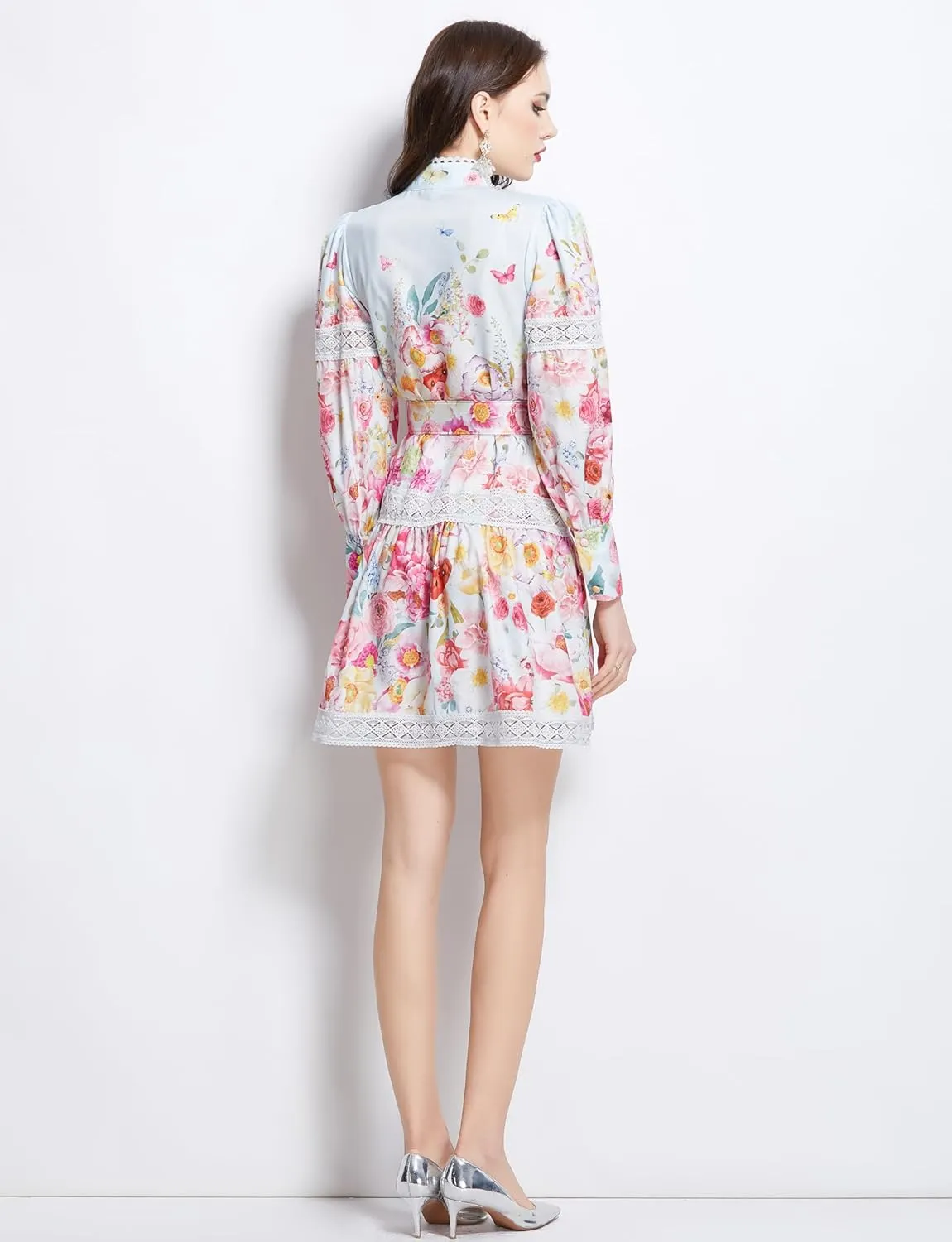 LAI MENG FIVE CATS Women's Hollow Out Floral Print Lantern Sleeve Button Casual Mini Dress