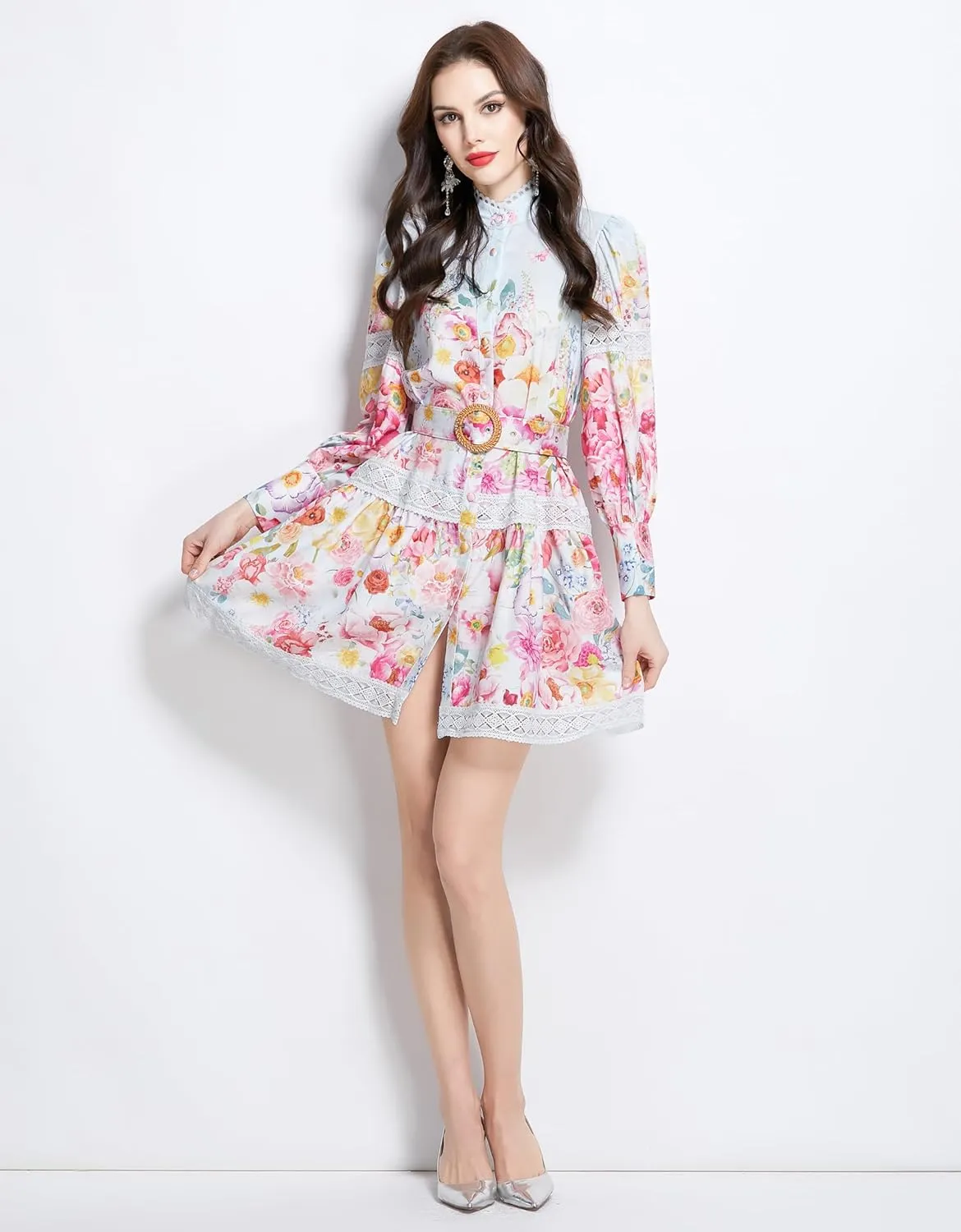LAI MENG FIVE CATS Women's Hollow Out Floral Print Lantern Sleeve Button Casual Mini Dress