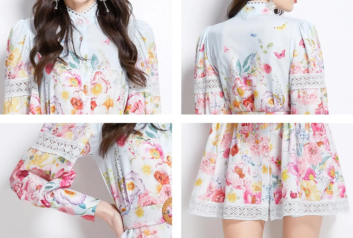 LAI MENG FIVE CATS Women's Hollow Out Floral Print Lantern Sleeve Button Casual Mini Dress
