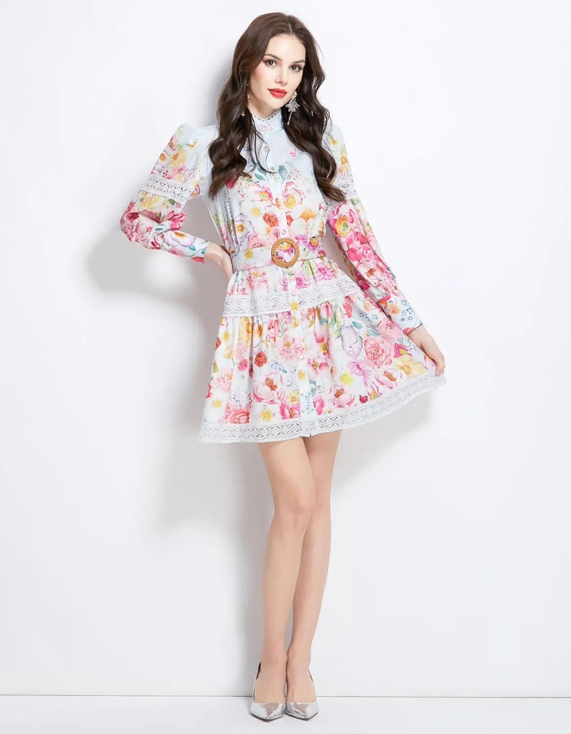 LAI MENG FIVE CATS Women's Hollow Out Floral Print Lantern Sleeve Button Casual Mini Dress