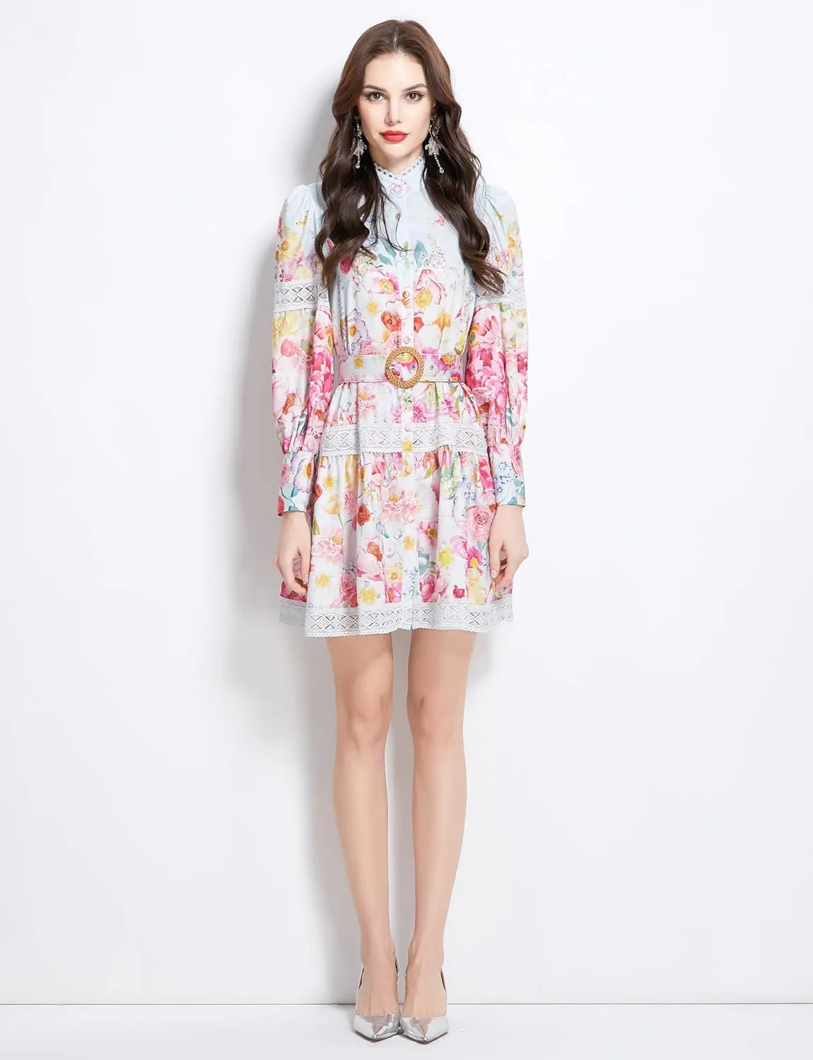LAI MENG FIVE CATS Women's Hollow Out Floral Print Lantern Sleeve Button Casual Mini Dress