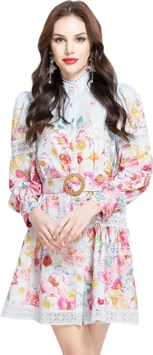 LAI MENG FIVE CATS Women's Hollow Out Floral Print Lantern Sleeve Button Casual Mini Dress