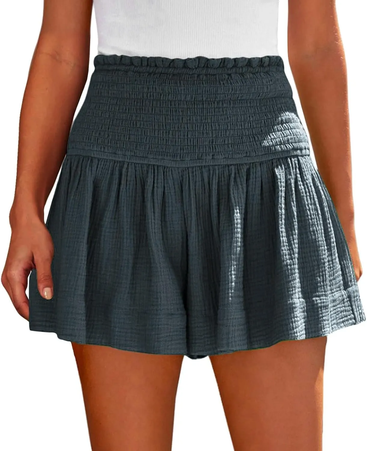 Linen Shorts for Women Summer Flowy Beach Shorts Smocked High Waisted Wide Leg Lightweight Athletic Gym Running Pants