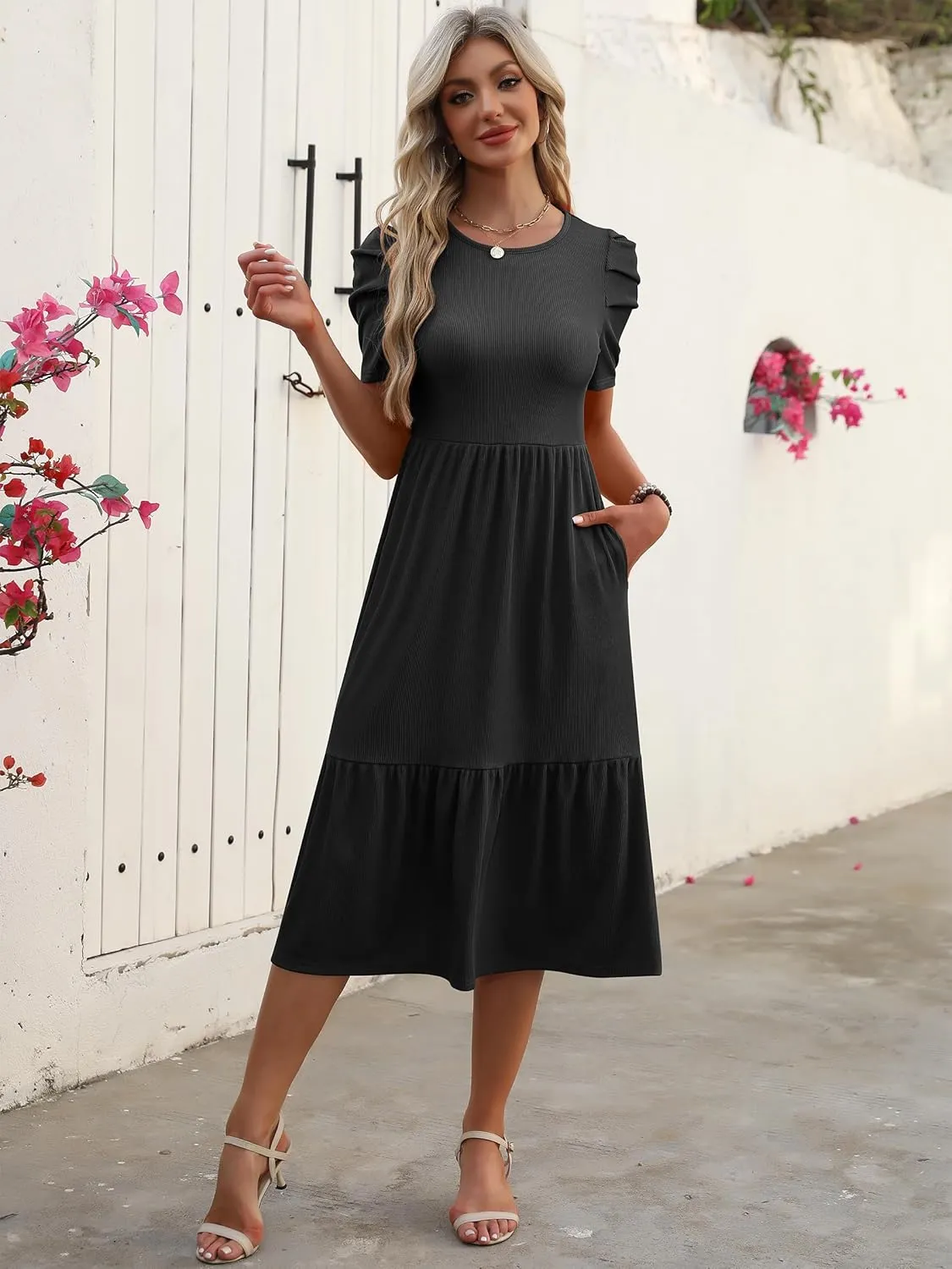 LOGENE Women's Summer Puff Short Sleeve A-Line Midi Dresses Casual Rib Knit T-Shirt Dress Flowy Beach Sundress with Pockets