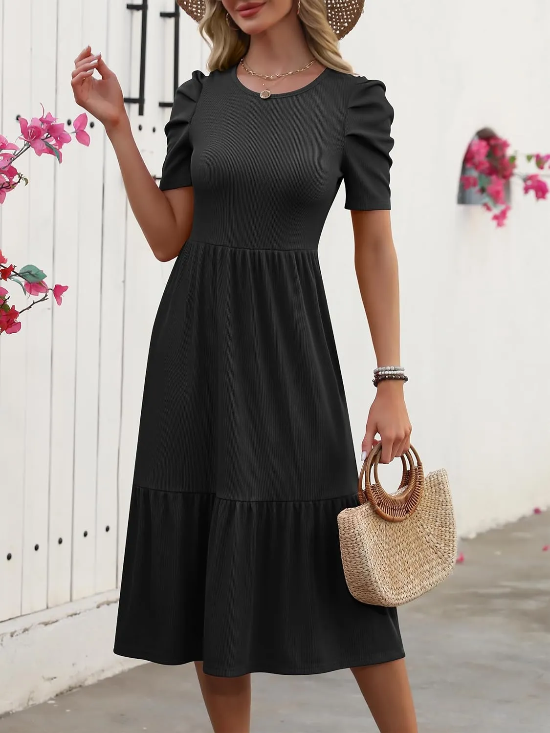 LOGENE Women's Summer Puff Short Sleeve A-Line Midi Dresses Casual Rib Knit T-Shirt Dress Flowy Beach Sundress with Pockets